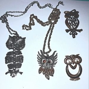 Vintage owl jewelry necklace pendant brooch pin lot
